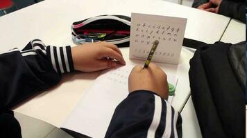 criança escrever fazendo trabalho de casa, pequeno Garoto iniciando escola Aprendendo alfabeto e fazendo trabalho de casa, seletivo foco video
