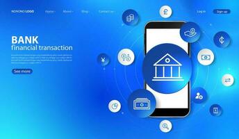 bancario y Finanzas por móvil teléfono concepto. digital conectar sistema. financiero y bancario tecnología con integrado círculos, brillante línea íconos y en azul antecedentes. vector diseño.