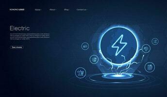 Electric power symbol, lightning bolt sign with icons glowing, green renewable energy concept, futuristic technology with turquoise neon for website, mobile app. vector design.