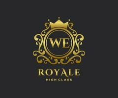 Golden Letter WE template logo Luxury gold letter with crown. Monogram alphabet . Beautiful royal initials letter. vector