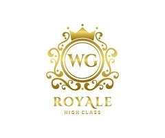 Golden Letter WG template logo Luxury gold letter with crown. Monogram alphabet . Beautiful royal initials letter. vector