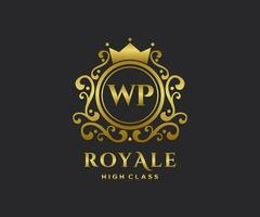 Golden Letter WP template logo Luxury gold letter with crown. Monogram alphabet . Beautiful royal initials letter. vector