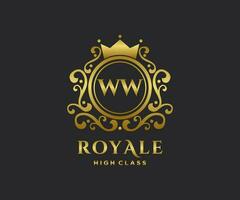 Golden Letter WW template logo Luxury gold letter with crown. Monogram alphabet . Beautiful royal initials letter. vector