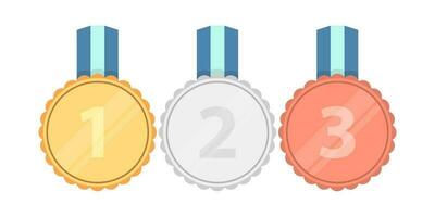 Gold silver bronze medals with ribbon flat illustration vector