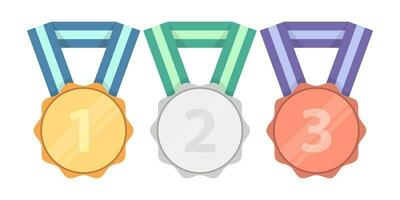 Set of Gold silver bronze medals with ribbon in flat illustration vector