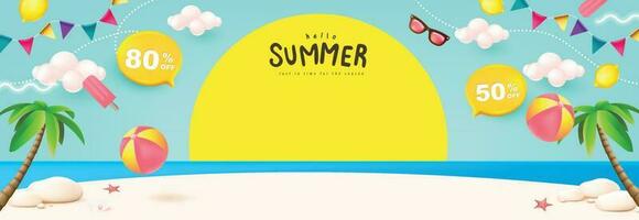 Summer poster banner with sun set and summer beach scene design background vector