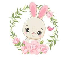 Cute banny with flowers and a wreath. Cartoon vector illustration.