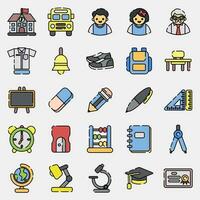 Icon set of school. School and education elements. Icons in filled line style. Good for prints, posters, logo, advertisement, infographics, etc. vector