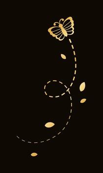 Golden Flying Butterfly with Dotted Line Route. Elegant gold butterflies with open wings trail. Vector design elements for spring and summer.