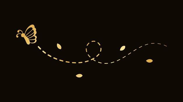 Golden Flying Butterfly with Dotted Line Route. Elegant gold butterflies with open wings trail. Vector design elements for spring and summer.