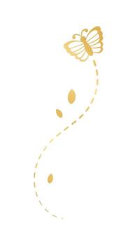 Golden Flying Butterfly with Dotted Line Route. Elegant gold butterflies with open wings trail. Vector design elements for spring and summer.