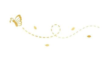 Golden Flying Butterfly with Dotted Line Route. Elegant gold butterflies with open wings trail. Vector design elements for spring and summer.