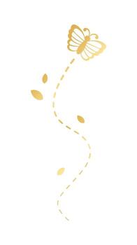 Golden Flying Butterfly with Dotted Line Route. Elegant gold butterflies with open wings trail. Vector design elements for spring and summer.