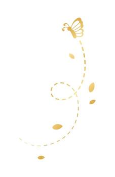 Golden Flying Butterfly with Dotted Line Route. Elegant gold butterflies with open wings trail. Vector design elements for spring and summer.