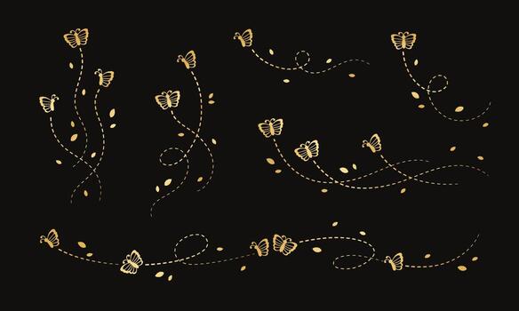 Gold Butterflies Set. Golden Flying Butterfly with Dotted Line Route. Beautiful elegant insects with open wings trail. Vector design elements for spring and summer.