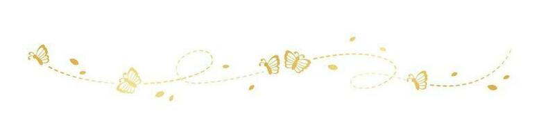 Golden Butterfly Separator Border. Elegant gold butterflies with open wings trail. Vector design elements for spring and summer.