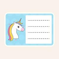 aislado unicornio dibujos animados marco o cuaderno etiqueta en melocotón antecedentes. vector