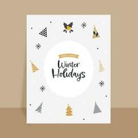 invierno Días festivos volantes o modelo diseño con varios tipo Navidad árbol, acebo baya, estrellas y copo de nieve en ligero gris antecedentes. vector