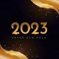 Golden 2023 Happy New Year Text Against Abstract Shiny Waves Background. vector