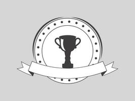 Round Badge Or Label With Trophy, Blank Ribbon On Gray Background. vector