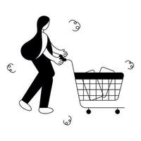 arte lineal ilustración de un mujer con compras carro, negocio concepto. vector