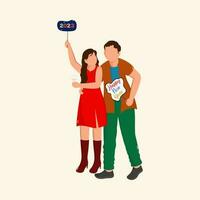 Faceless Young Couple Holding Their Placards Of 2023 Happy New Year Message On Cosmic Latte Background. vector