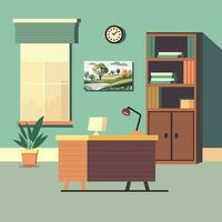 Vector Illustration of Workplace Desk With Book Shelves, Plant Pot, Wall Clock, Nature Landscape Scenery And Roller Window In Study Room or Office Interior.