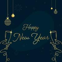 Golden Happy New Year Font With Linear Style Female Hands Holding Champagne Glasses And Baubles Hang On Blue Fireworks Background. vector