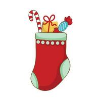 Flat Santa Sock Full Of Candy Cane With Gift Box, Toffee On White Background. vector