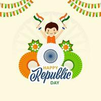 Happy Republic Day Font With Tricolor Paper Accordion Badge, Flowers And Boy Holding India Flags On Beige Ashoka Wheel Background. vector