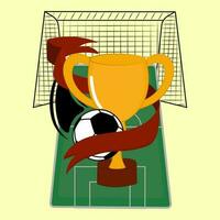 blanco robar con trofeo taza, fútbol pelota y objetivo red en campo verde y amarillo antecedentes para fútbol americano campeonato concepto. vector