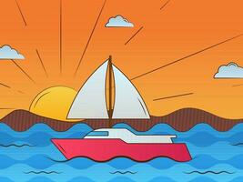 Sun River View Background With Sailing Ship For Summertime Concept. vector