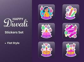 Sticker Style Happy Diwali Celebration Concept Set On Purple Background. vector
