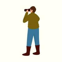 Back View Of Photographer Man Taking Photo Using DSLR Camera On White Background. vector