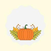 Flat Style Pumpkin With Berry And Autumn Leaves Decorative White Circle Frame Against Cosmic Latte Background. vector