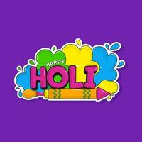 Happy Holi Text With Water Gun In Sticker Style On Purple Background. vector