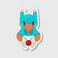 Sticker Style Faceless Cricketer Ball Catching In Laying Down Over Grey Background. vector