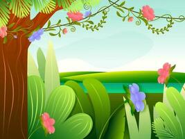 Natural Riverscape Background With Tropical Tree And Flowers. vector