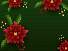Top View Of Poinsettia Flowers With Leaves, Berries Decorated Green Background And Copy Space. vector