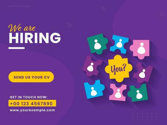 Hiring or Recruitment Advertising can be used as poster, job hiring announcement on social media, banner, flyer. Vacancies template with unsolved puzzle pieces on purple background.