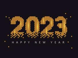 Golden Pixelated 2023 Number Against Deep Grey Background For Happy New Year Concept. vector