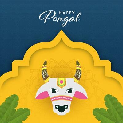 Happy Pongal Celebration Greeting Card With Bull Face, Banana Leaves On Blue And Chrome Yellow Mandala Pattern Background.