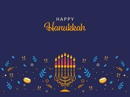 Happy Hanukkah Greeting Card With Illuminated Candelabra, Leaves, Berries, Stars Of David And Jelly Donut Decorated Blue Background. vector