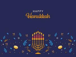 Happy Hanukkah Greeting Card With Illuminated Candelabra, Leaves, Berries, Stars Of David And Jelly Donut Decorated Blue Background. vector