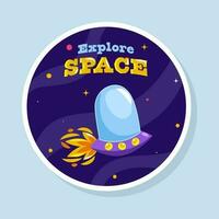 Sticker Style Explore Space Font With Spaceship Flying In Galaxy Blue Background. vector