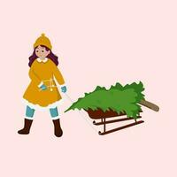 Illustration Of Young Girl Carrying A Sled With Xmas Tree Against Pink Background. vector