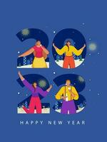 2023 Number With Faceless People Enjoying On Blue Background For Happy New Year Concept. vector