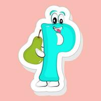 Sticker Style Blue P Alphabet Cartoon Holding Pear On Pink Background. vector