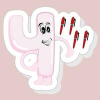 Sticker Style Funny 4 Cartoon Number With Pens On Pink Background. vector