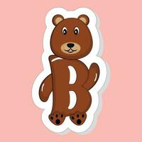 Sticker Style B Alphabet Animal Cartoon Bear On Pink Background. vector